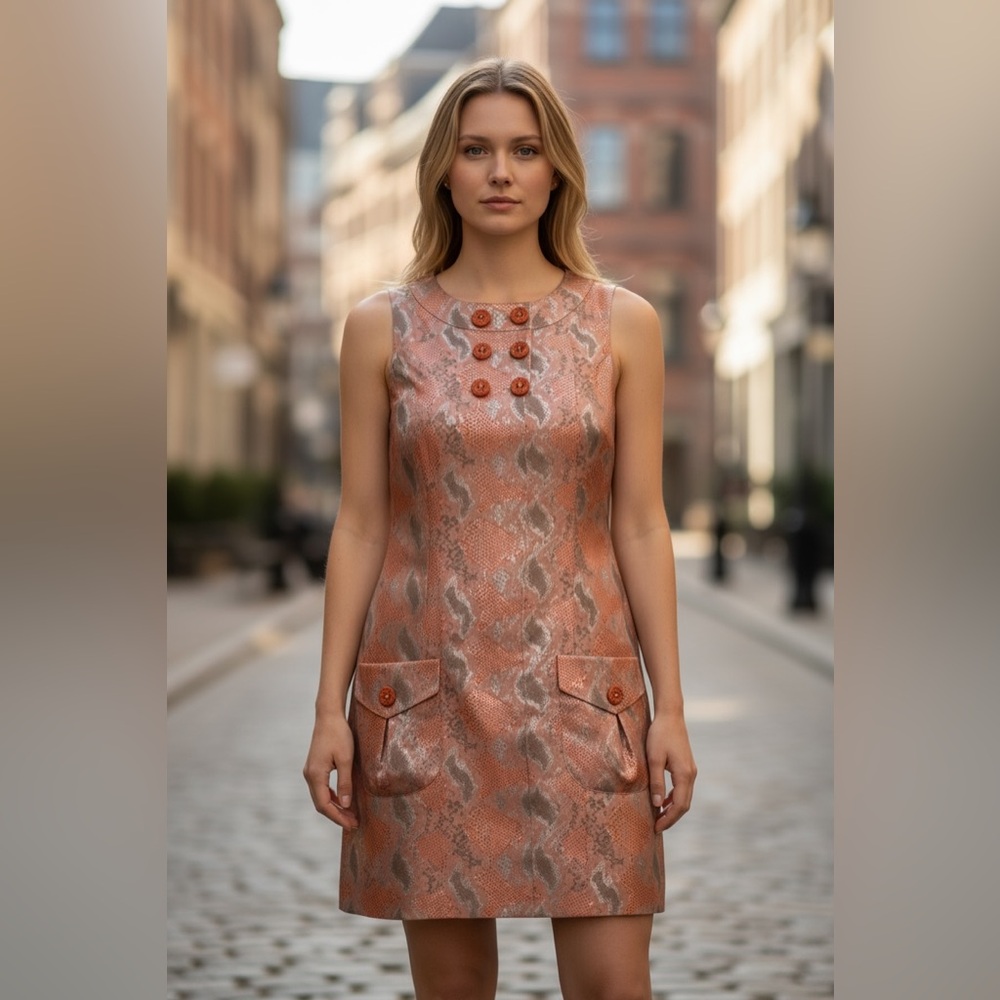 Samuel Dong Sheath satin snake print dress cocktail peach sz M